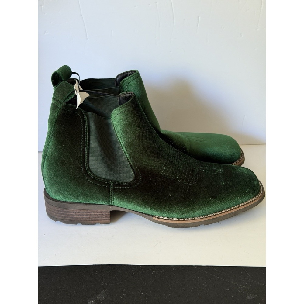 Men's Western Chelsea Boots Green Slip-On Square Toe Cowboy Ankle Shoes C-5